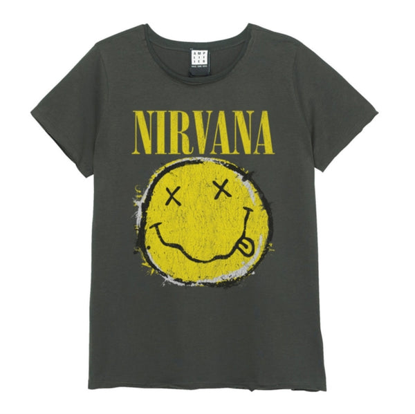 Nirvana Worn Out Smiley Amplified Vintage Charcoal  T Shirt