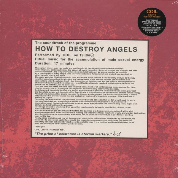 COIL How To Destroy Angels (Soundtrack) (reissue) (1-sided etched 180 gram audiophile vinyl LP) Sub Rosa Belgium