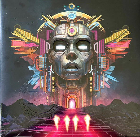Artistic depiction of a futuristic helmet with vibrant colors and geometric patterns on a dark background.