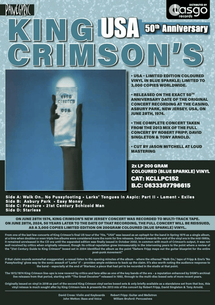 KING CRIMSON "USA" LIMITED 50th ANNIVERSARY BLUE SPARKLE VINYL 2LP - punk to funk heaven