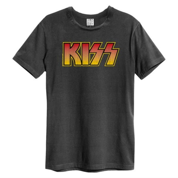 Kiss - Classic Logo Distressed Amplified Small Vintage Charcoal T Shirt - punk to funk heaven