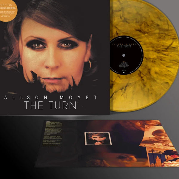Alison Moyet - The Turn vinyl record album shown with the black cover, a translucent marbled gold LP, and the inner sleeve on a dark gray background. 