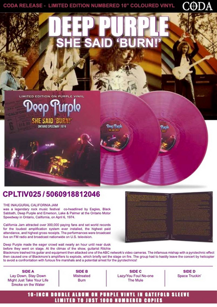 DEEP PURPLE  She Said Burn  2 x 10"  Double – Purple Vinyl  CPLTIV025